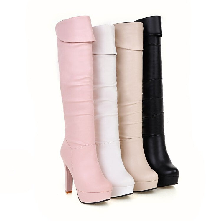 Folded Block Chunky Heel Platform Knee High Boots for Women