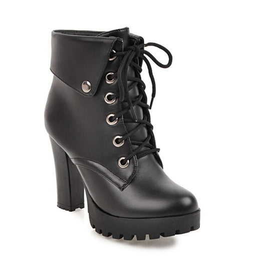 Booties Lace-Up Block Chunky Heel Fold Platform Short Boots for Women