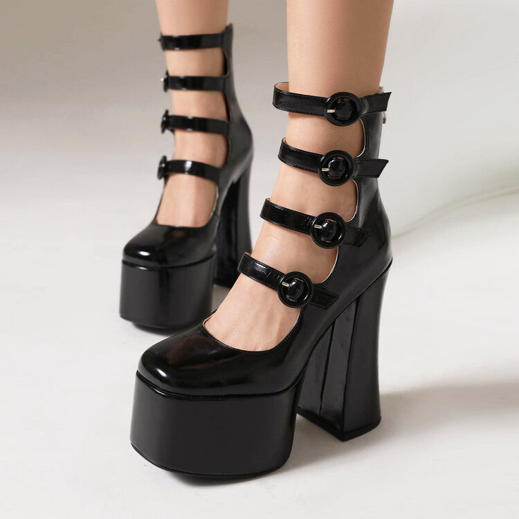 Round Toe Buckle Straps Chunky Heel Mary Jane Platform Pumps for Women