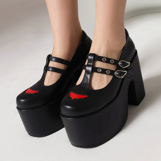 T Strap Embroidery Buckle Straps Block Heel Mary Jane Platform Pumps for Women