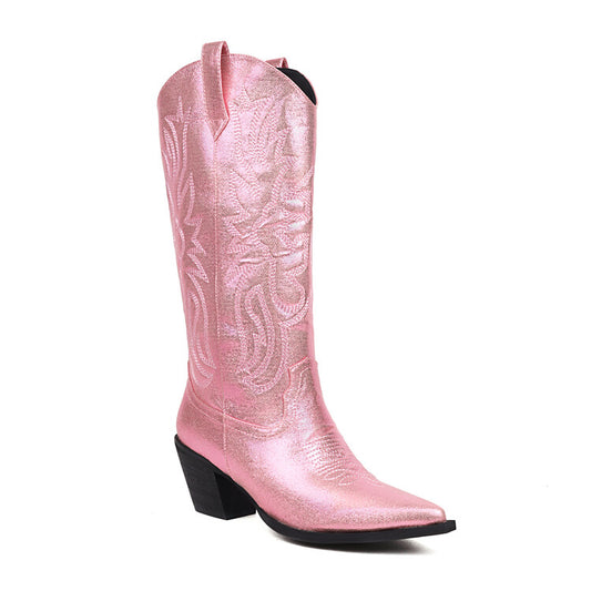 Cowboy Pointed Toe Beveled Heel Embroidery Mid Calf Western Boots for Women