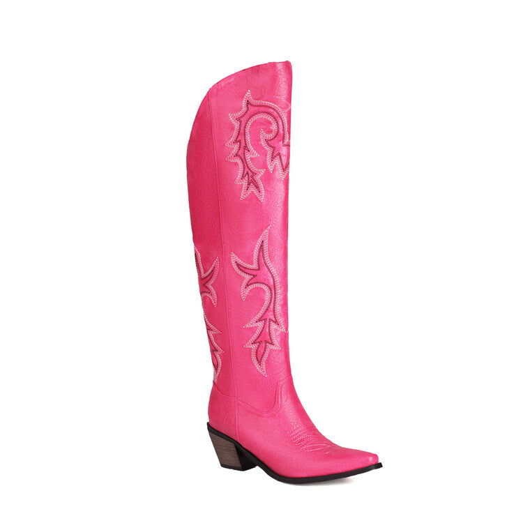 Cowboy Pointed Toe Beveled Heel Embroidery Knee High Western Boots for Women