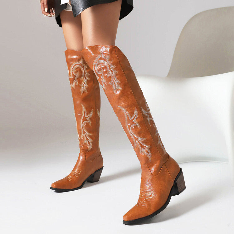 Cowboy Pointed Toe Beveled Heel Embroidery Knee High Western Boots for Women