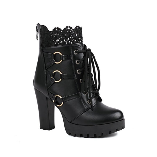 Booties Round Toe Lace-Up Lace Block Chunky Heel Platform Short Boots for Women