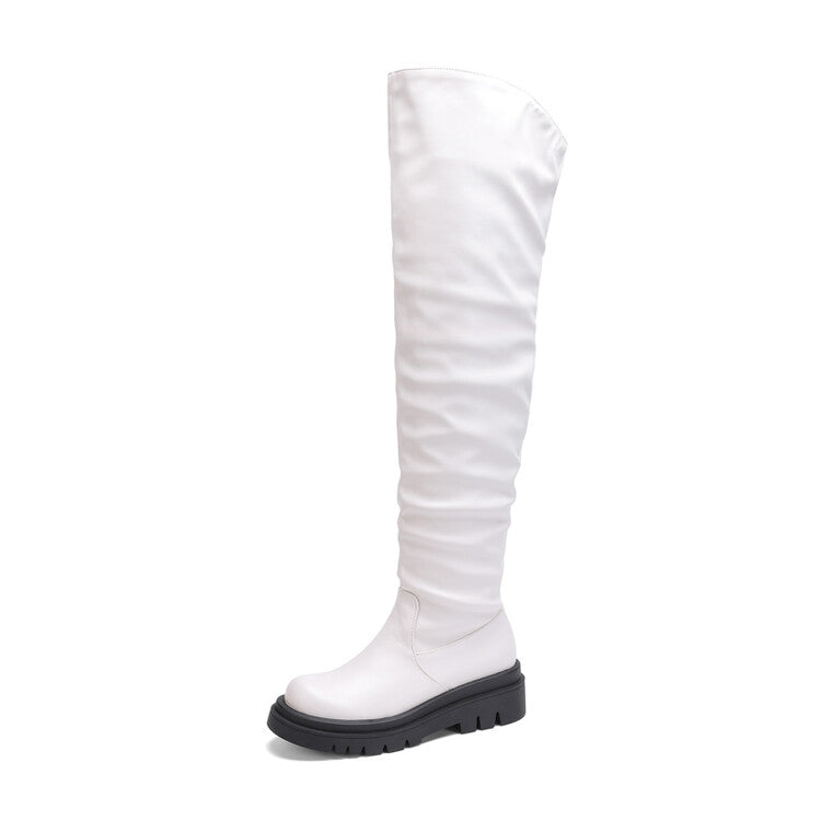Round Toe Platform Wrinkled Over the Knee Boots for Women