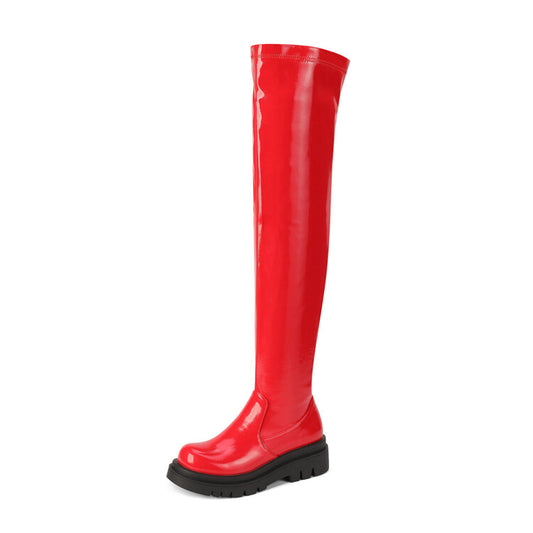 Glossy Round Toe Thick Heel Platform Over the Knee Boots for Women