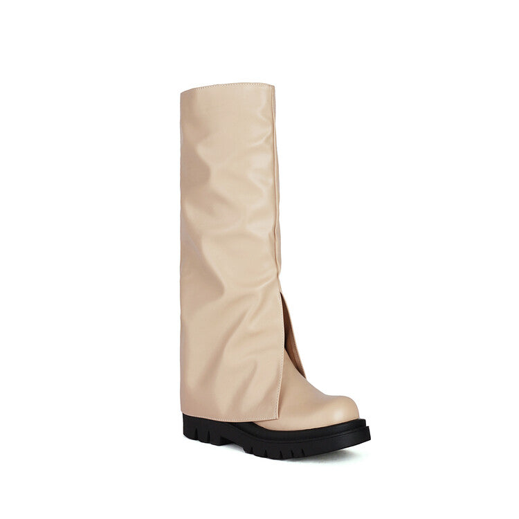 Fold Round Toe Mid Calf Boots for Women