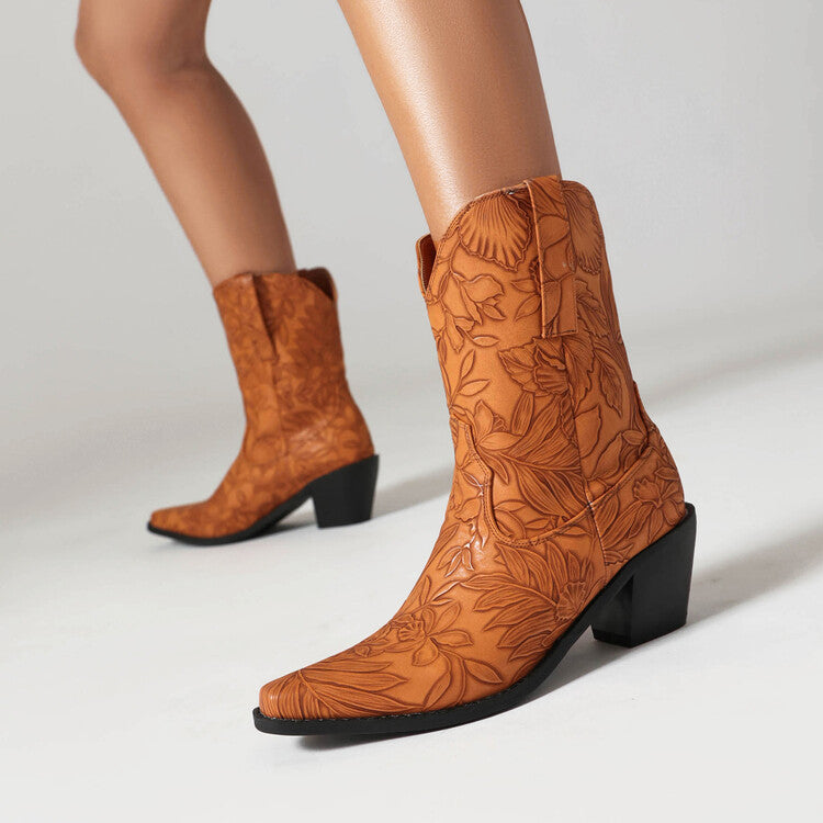 Cowboy Pointed Toe Beveled Heel Flowers Printed Mid Calf Western Boots for Women