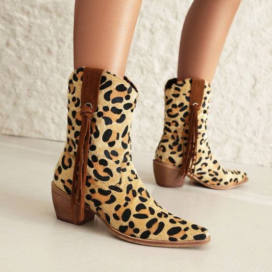 Western Pointed Toe Beveled Heel Leopard Patterns Short Boots for Women