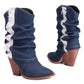 Western Cowboy Fold Pointed Toe Beveled Heel Mid-Calf Boots for Women