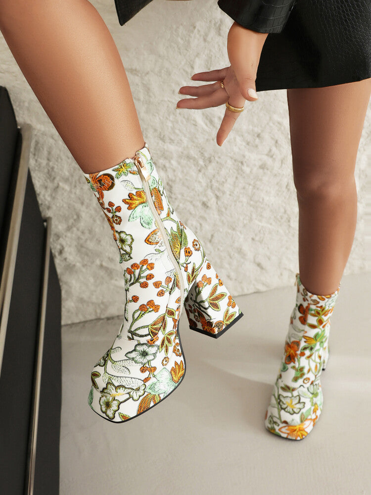 Booties Flowers Prints Block Chunky Heel Platform Ankle Boots for Women