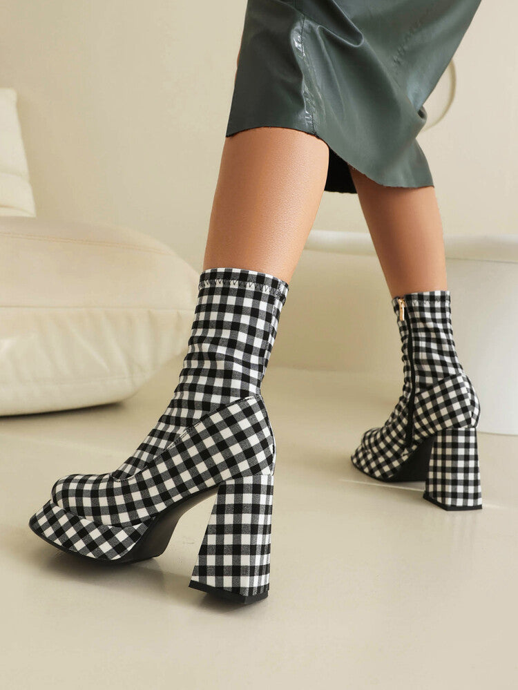Booties Prints Zippers Chunky Heel Platform Short Boots for Women