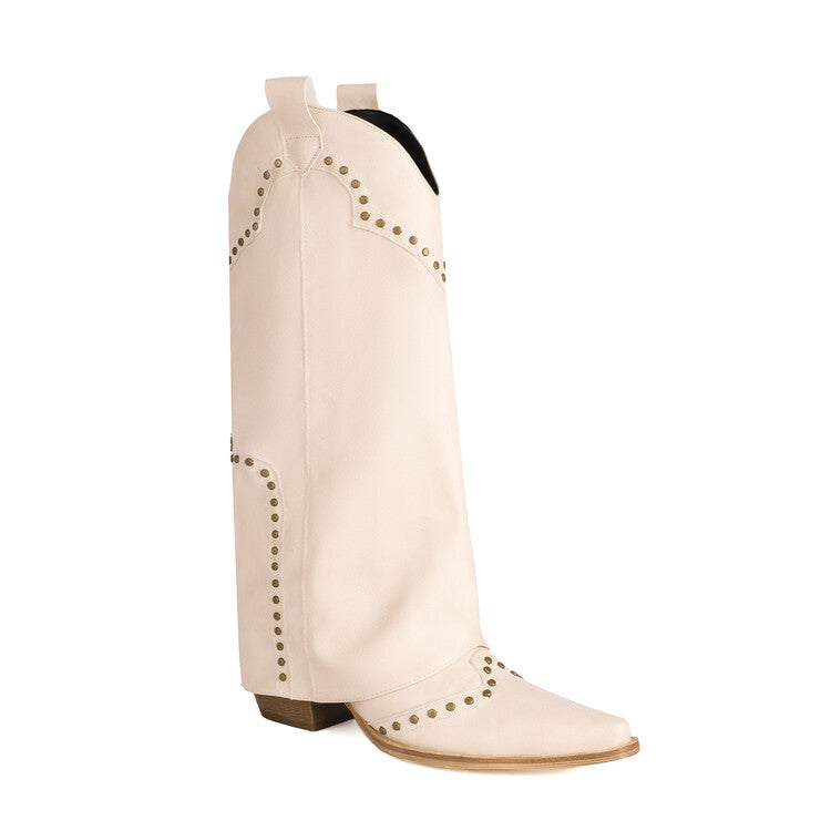 Western Boots Fold Pointed Toe Beveled Heel Rivets Mid-calf Boots for Women