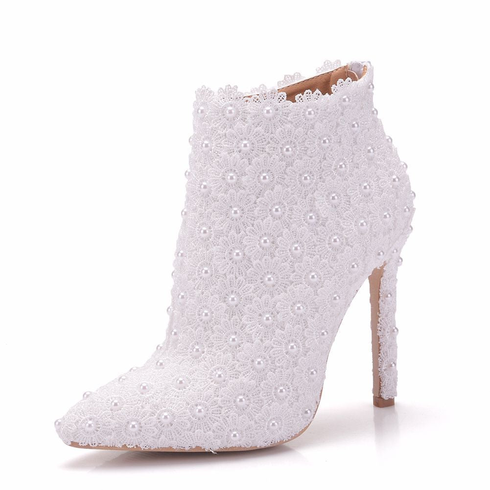 Women Lace Pearl Stiletto Heel Pointed Toe Wedding Short Boots