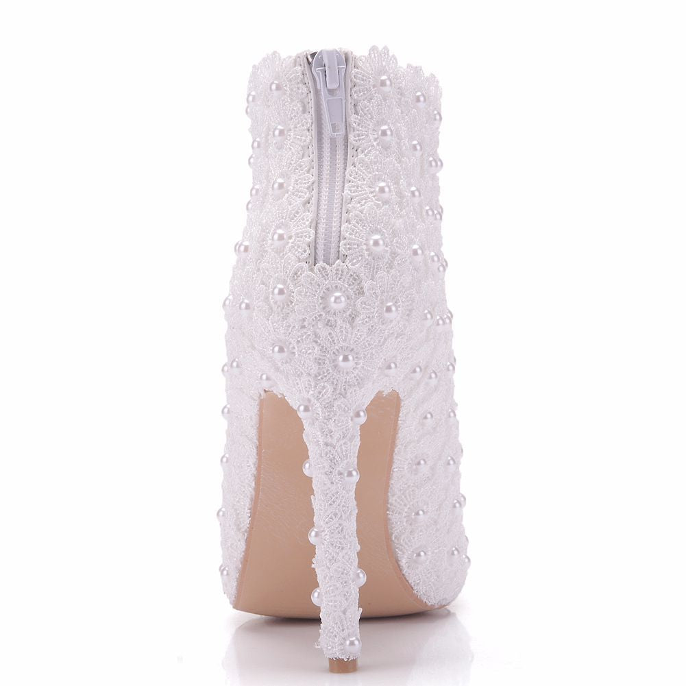 Women Lace Pearl Stiletto Heel Pointed Toe Wedding Short Boots