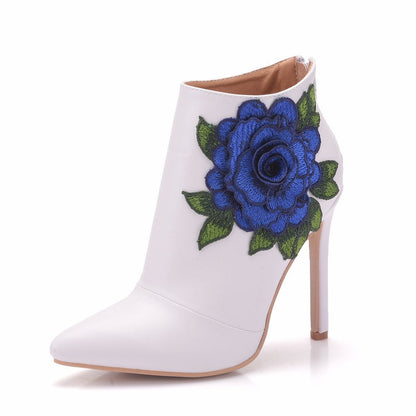 Women Embroidery Roses Stiletto Heel Pointed Toe Wedding Short Boots