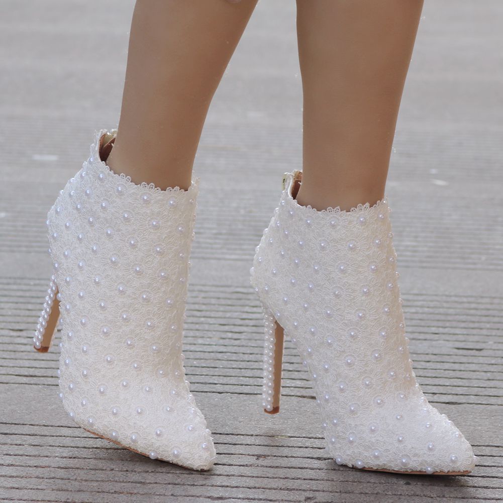 Women Lace Stiletto Heel Pointed Toe Back Zippers Wedding Short Boots