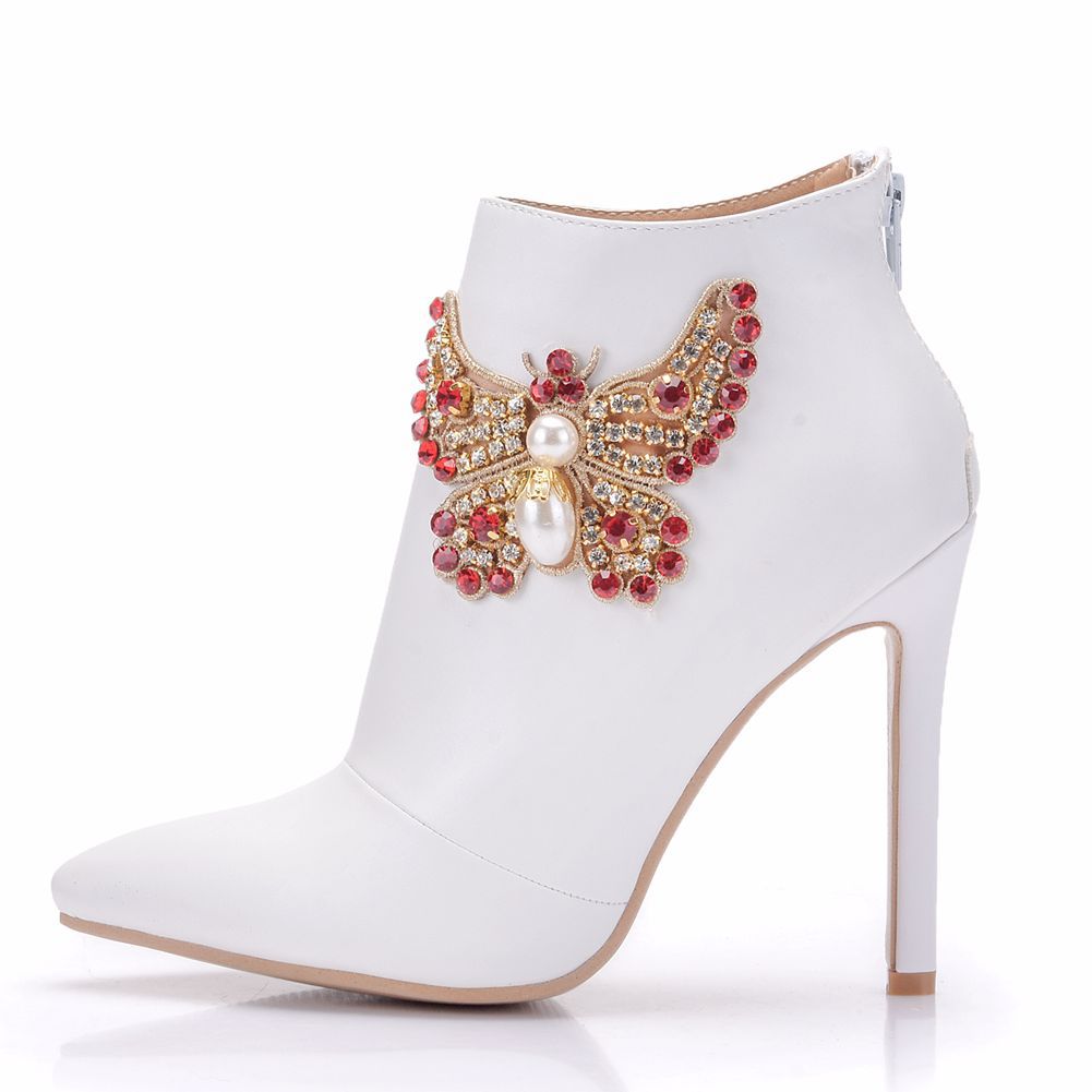 Women Rhinestone Butterfly Pearls Stiletto Heel Pointed Toe Wedding Short Boots