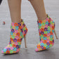 Women Stiletto Rhinestone Heel Pointed Toe Ethnic Lace Short Boots