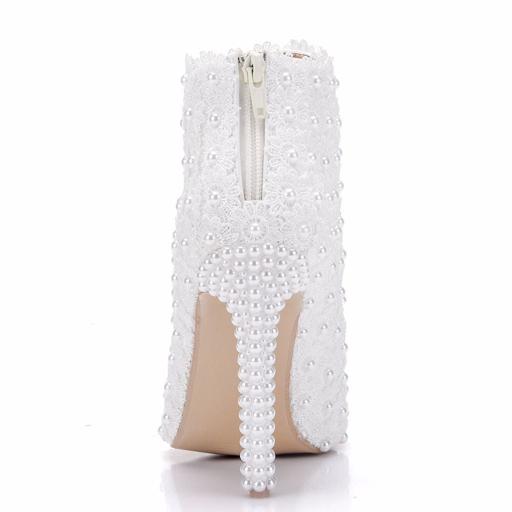 Women Lace Stiletto Heel Pointed Toe Back Zippers Wedding Short Boots