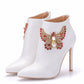 Women Rhinestone Butterfly Pearls Stiletto Heel Pointed Toe Wedding Short Boots