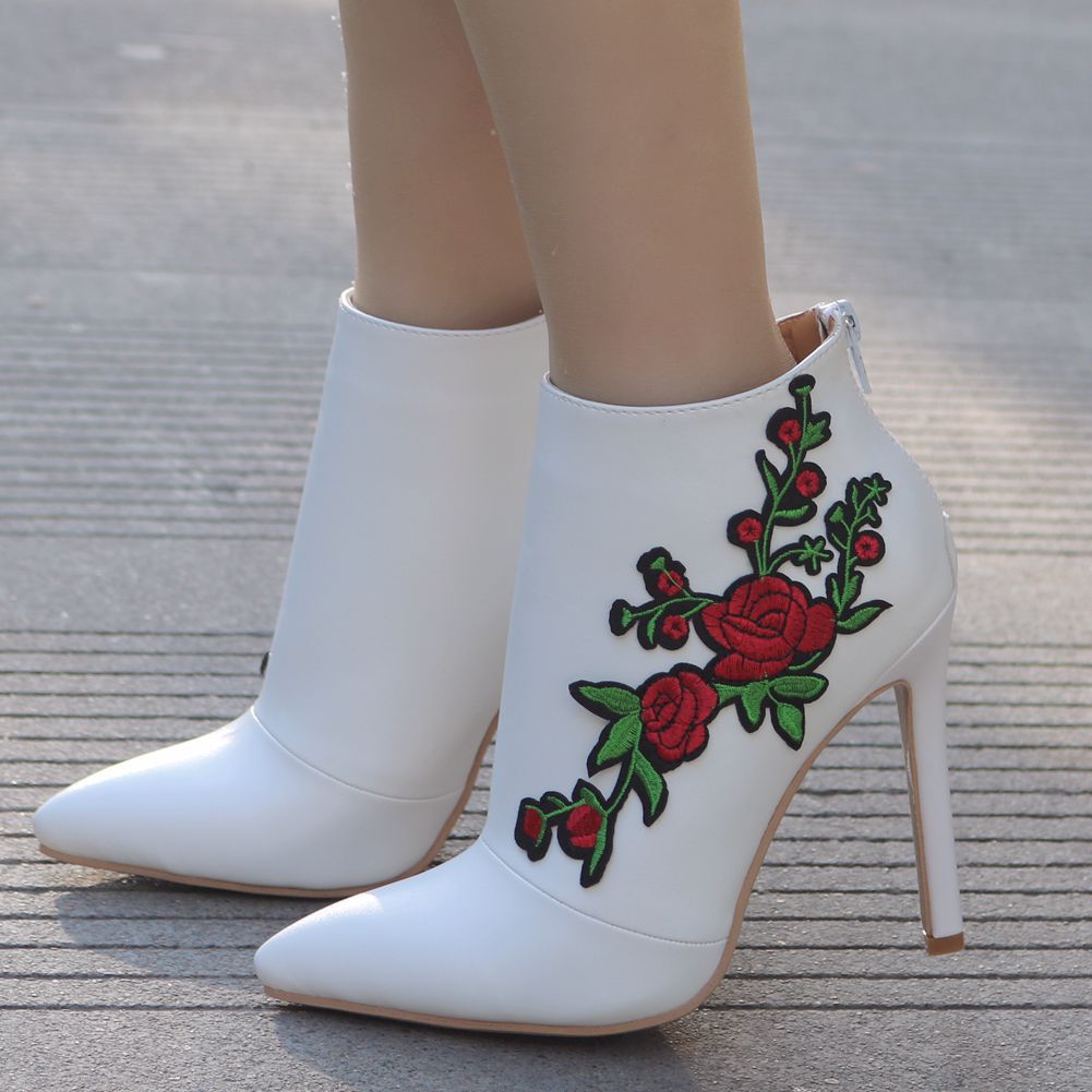 Women Pointed Toe Embroidery Roses Stiletto Heel Wedding Short Boots