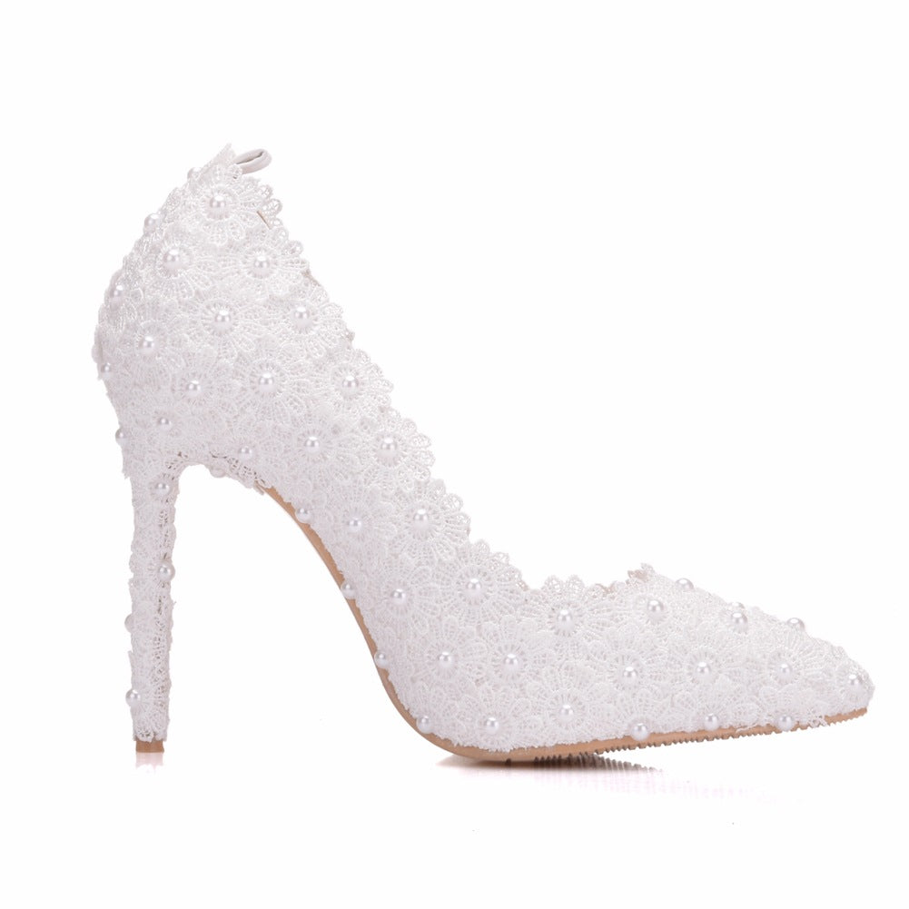 Women Lace Pearls Stiletto Heel Shallow Pointed Toe Bridal Wedding Pumps