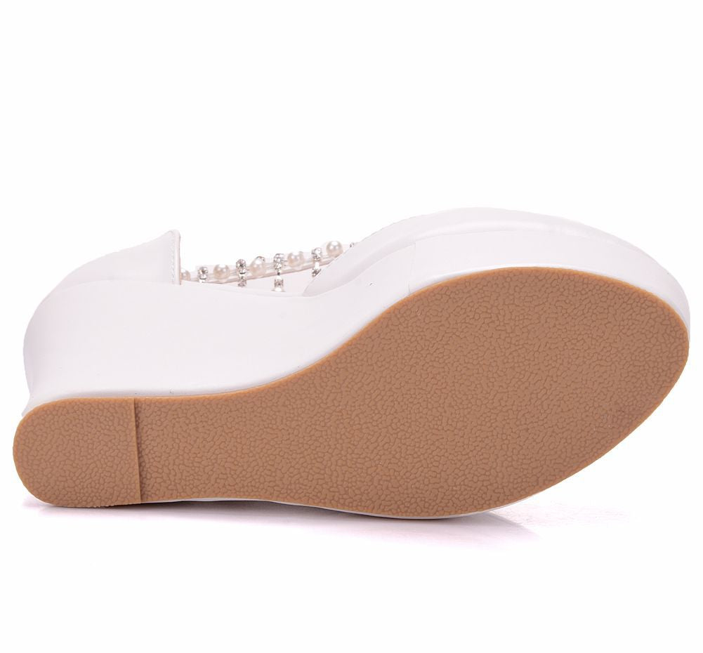 Women Round Toe Pearls Tassel Platform Wedge Sandals