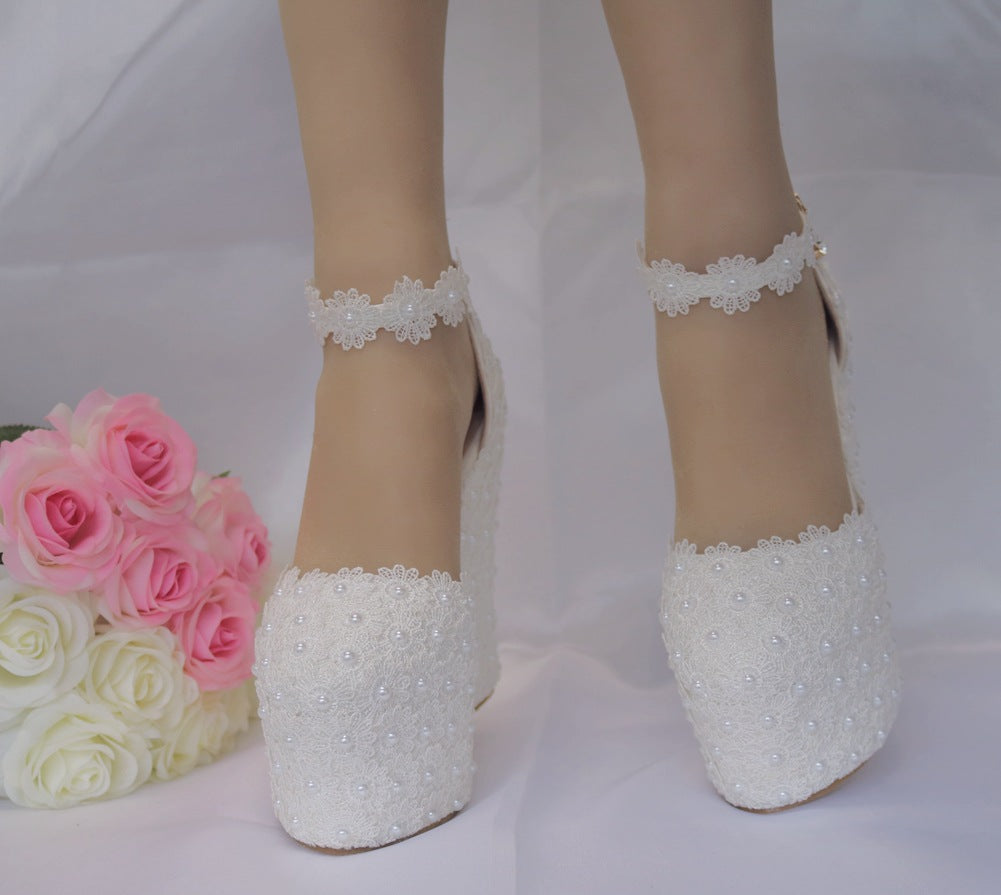 Women Pearls Lace Hih Wedge Heel Wedding Platform Sandals