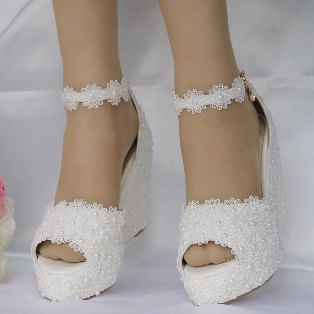 Women Lace Peep Toe Ankle Strap String Bead Wedge Heel Platform Sandals