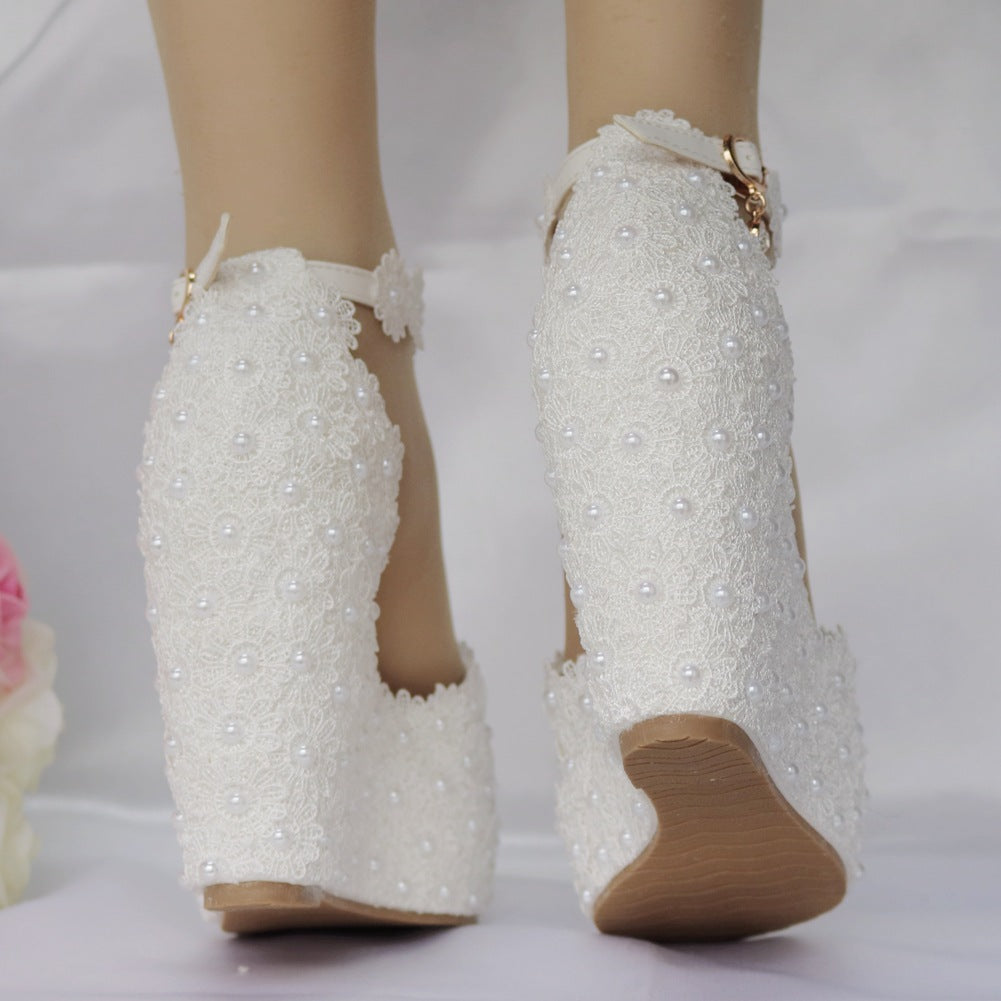 Women Lace Peep Toe Ankle Strap String Bead Wedge Heel Platform Sandals