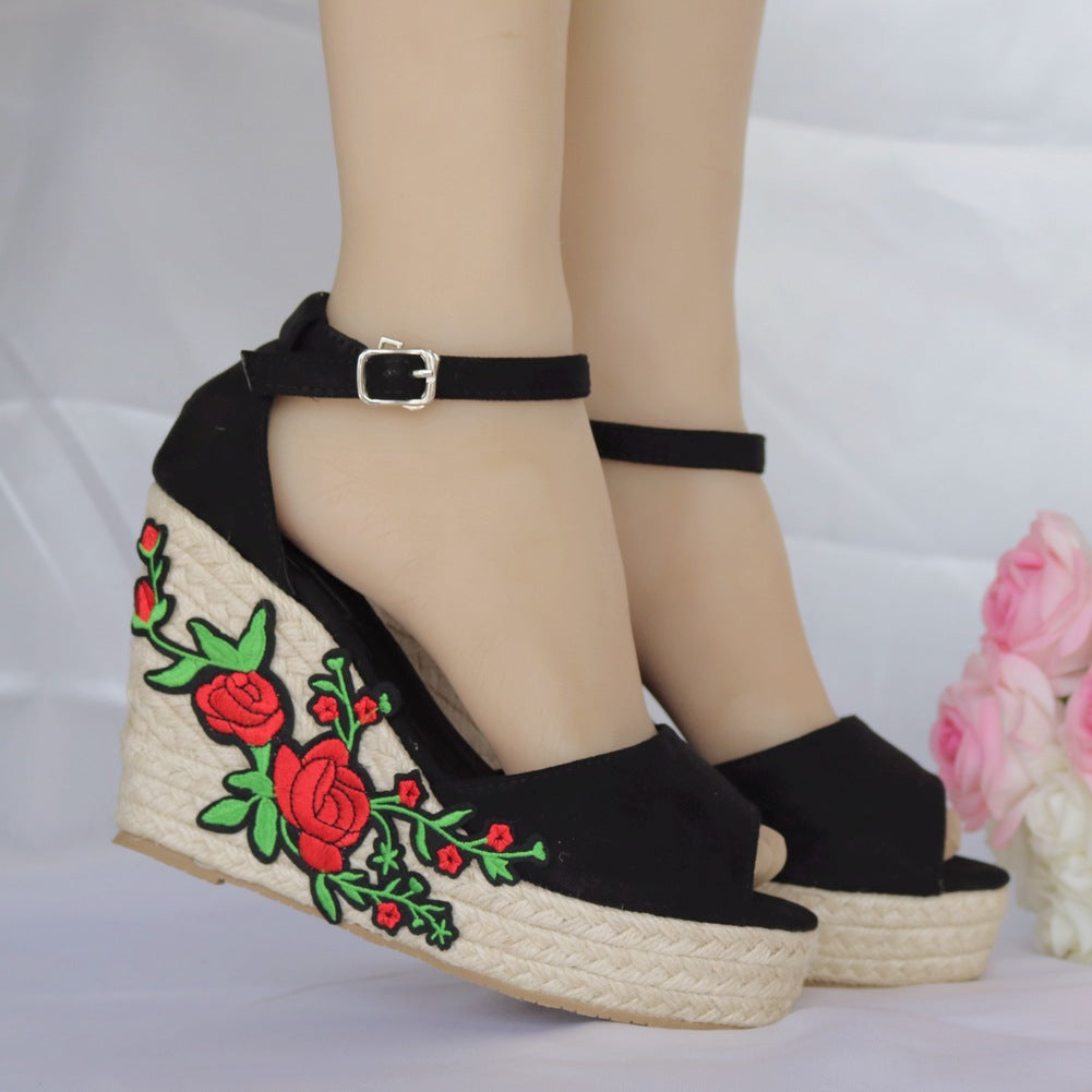 Women Embroidery Flora Peep Toe Woven Wedge Heel Platform Sandals