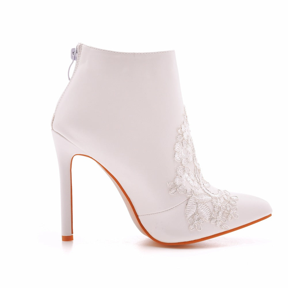 Women Stiletto Heel Pointed Toe Lace Wedding Short Boots