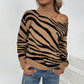 Ladies Sweaters Kniting High Collar Pullover Bicolor Tiger Printed Off Shoulder
