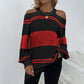 Ladies Sweaters Kniting Round Collar Pullover Bicolor Off Shoulder Strip