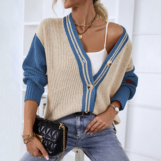 Cardigans Kniting Bicolor Stripes Buttons for Women
