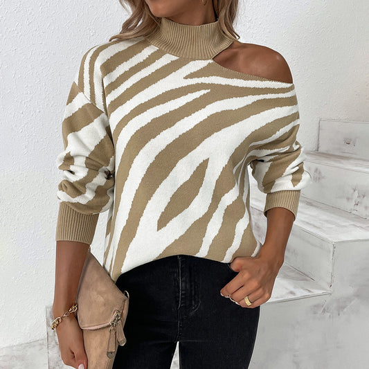Ladies Sweaters Kniting High Collar Pullover Bicolor Tiger Off Shoulder Long Sleeve