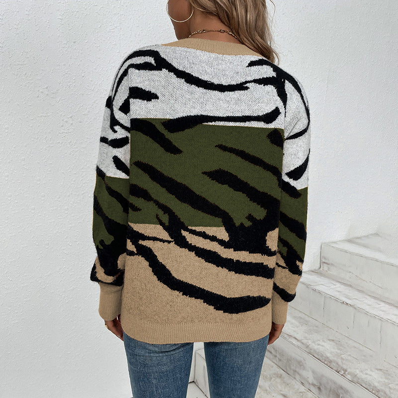 Ladies Sweaters Kniting Round Collar Pullover Tiger Camo Printed Long Sleeve