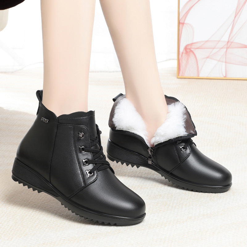 Ankle Boots Warm Fluff Lace-Up Flats Booties for Women