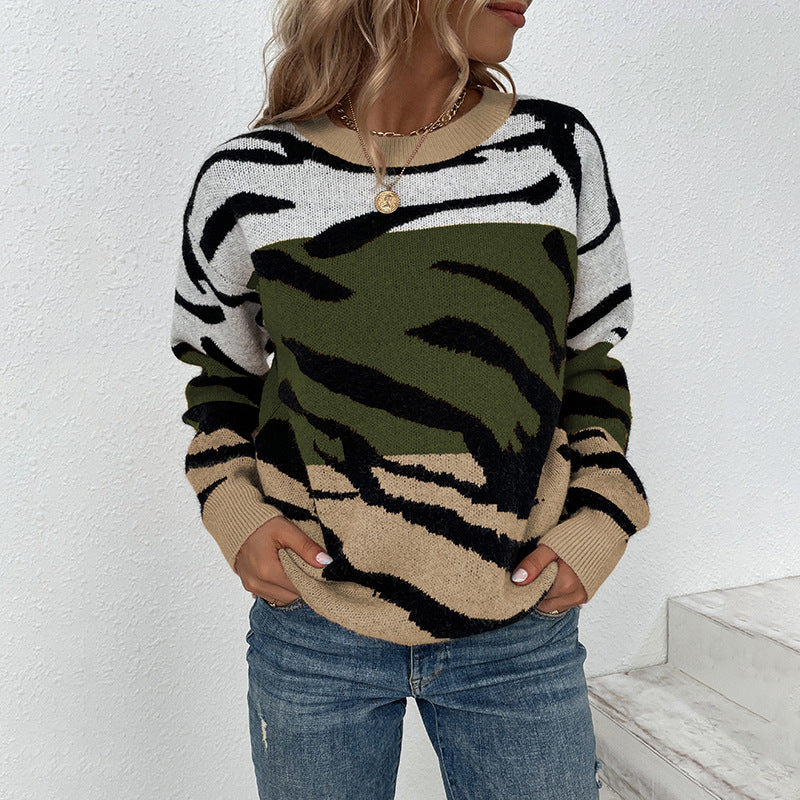 Ladies Sweaters Kniting Round Collar Pullover Tiger Camo Printed Long Sleeve