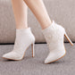 Women Stiletto Heel Pointed Toe Lace Wedding Short Boots