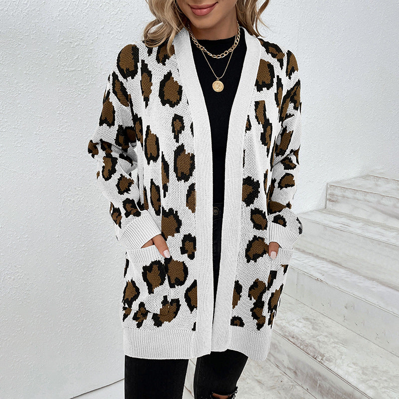 Cardigans Kniting Leopard Patterns Long Sleeves Pockets for Women