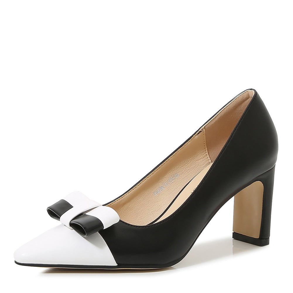 Ladies Bicolor Bow Tie Pointed Toe Shallow Chunky Heel Pumps