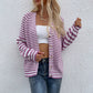 Cardigans Kniting Buttons Bicolor Stripes Long Sleeves for Women
