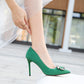 Ladies Metal Chains Square Buckles Pointed Toe Shallow Stiletto Heel Pumps
