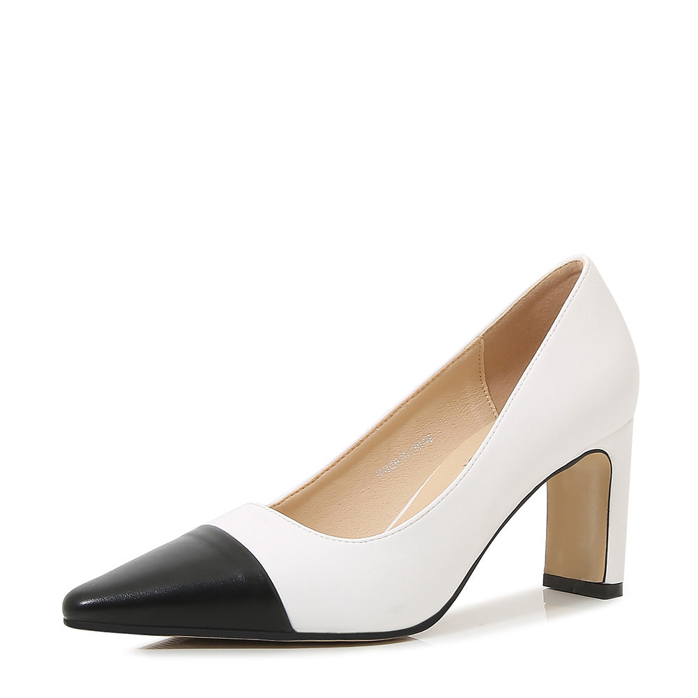 Ladies Bicolor Pointed Toe Shallow Chunky Heel Pumps