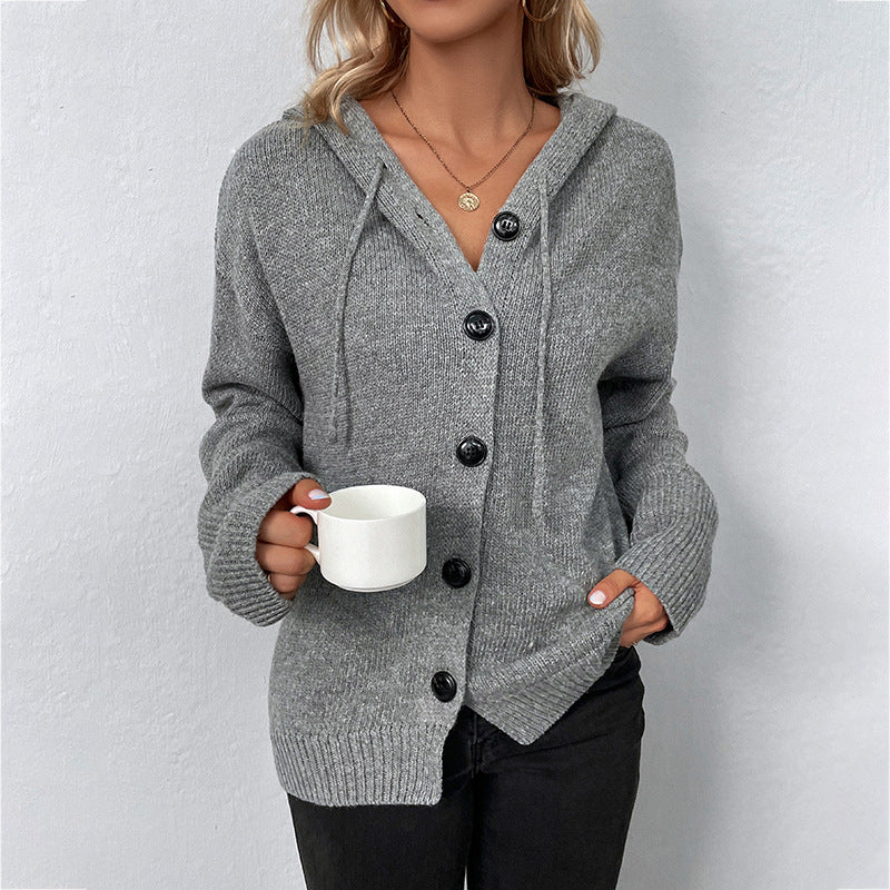 Cardigans Kniting Plain Hoods Buttons Drawstring Long Sleeves for Women