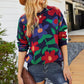 Ladies Sweaters Kniting Round Collar Pullover Bicolor Flowers