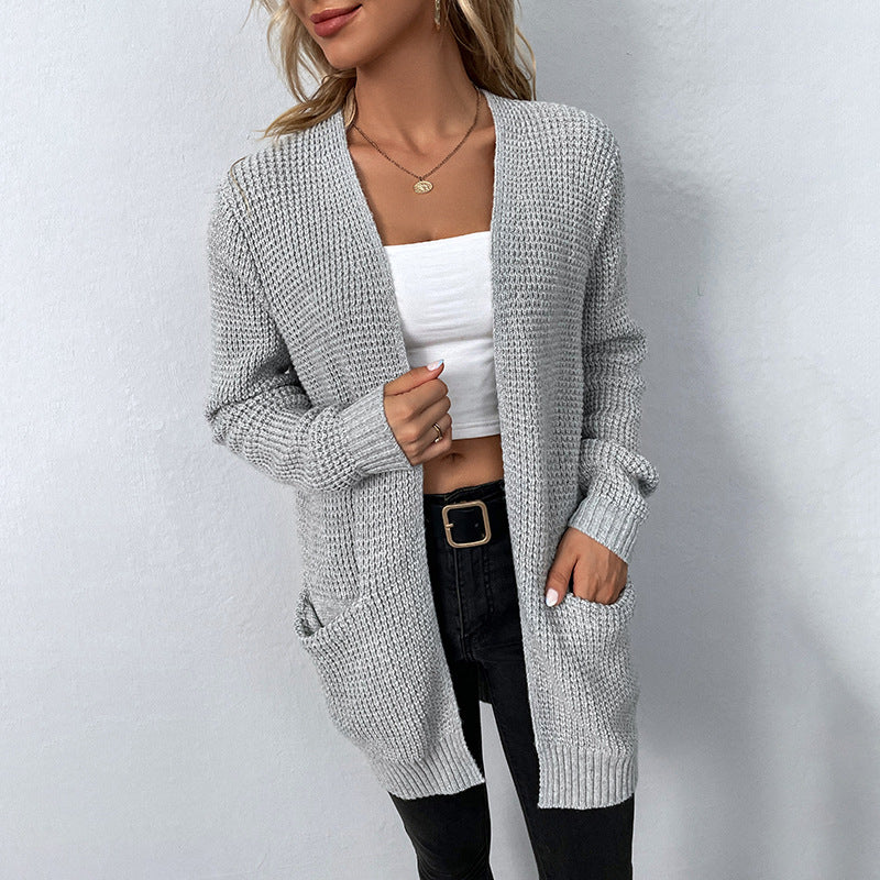 Cardigans Kniting Plain Pockets Long Sleeves for Women