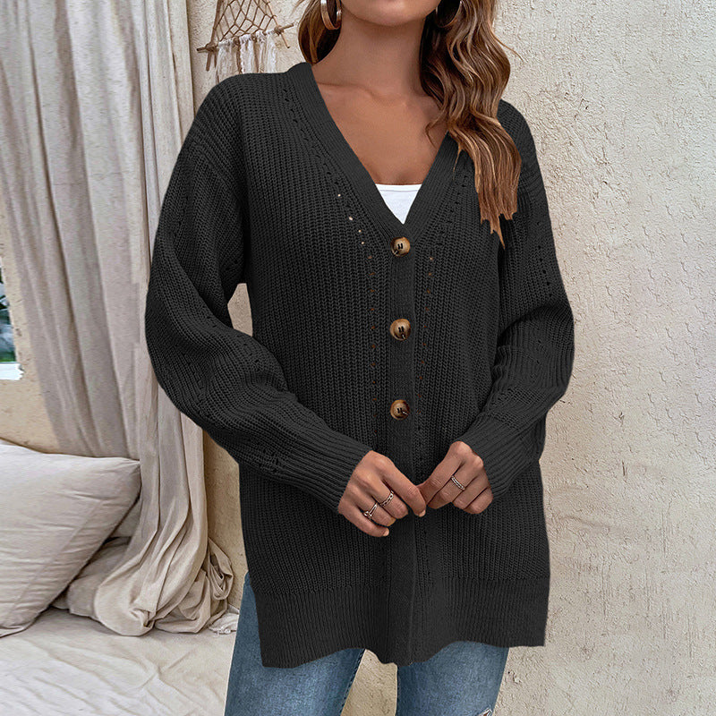 Cardigans Kniting Plain Cuts Buttons Long Sleeves for Women